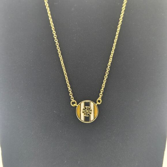 NEW Tory Burch Kira Brown Gold Enamel Pendant Necklace Striped Gift Casual Fall - Picture 3 of 5